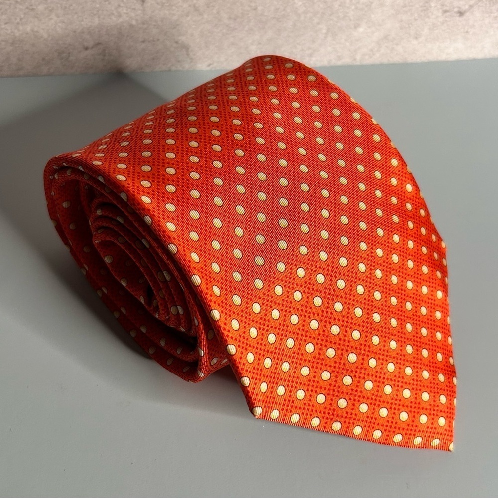 Angelo Villonce Orange Polka Dotted Patterned Italian Silk 60.5” Tie - Picture 1 of 3